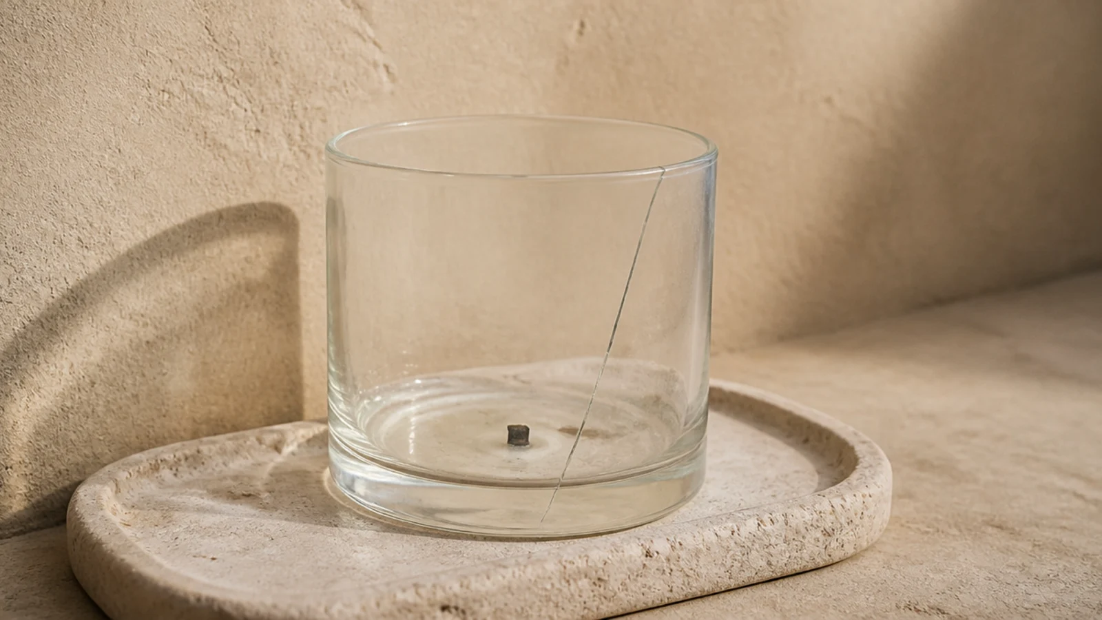 cracked glass candle jar with only a thin film of wax remaining