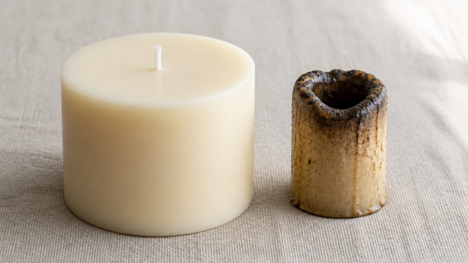wide three inch pillar candle beside a narrow tunneled candle stub