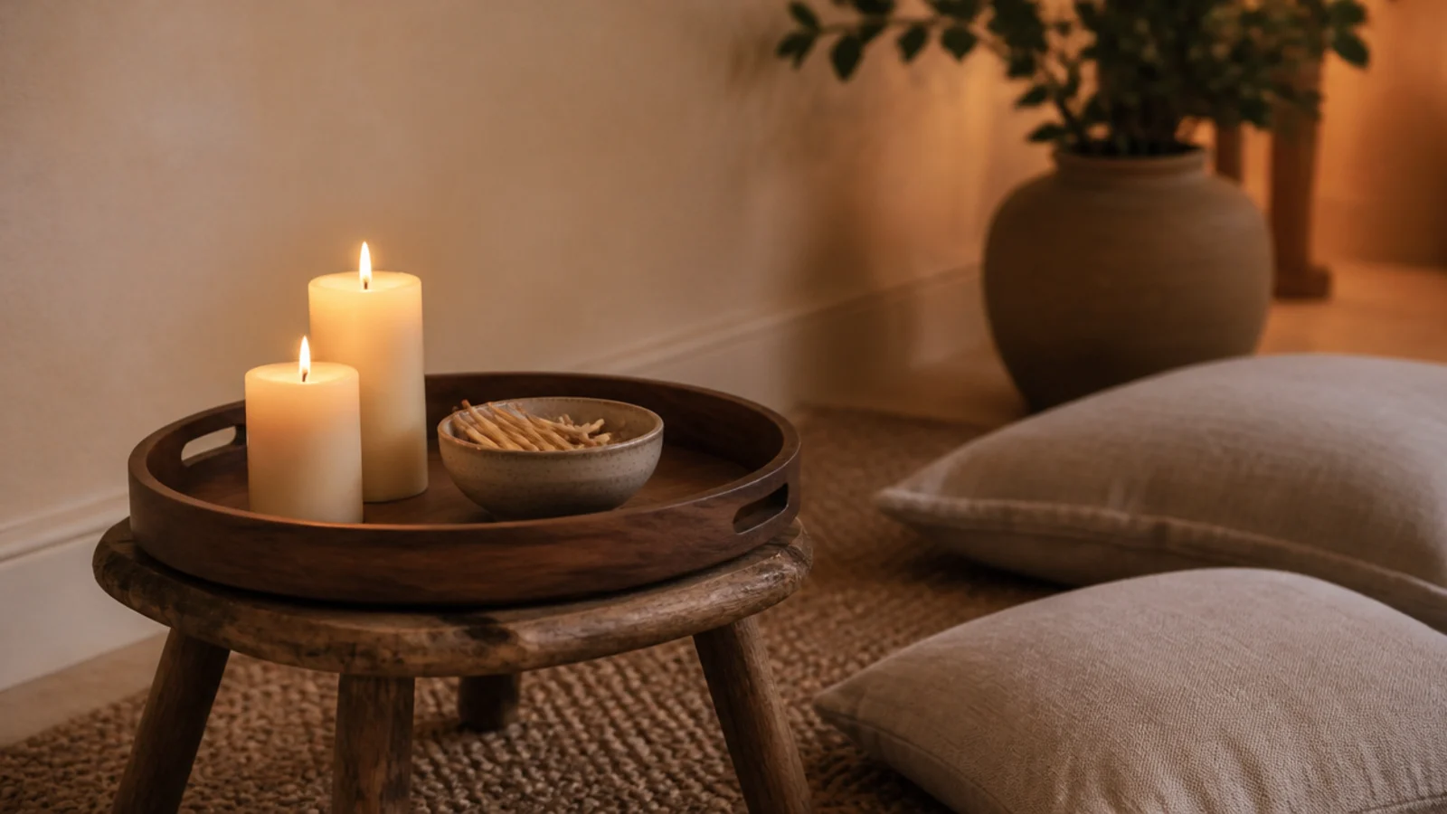 a portable candle tray being set down on a jute rug beside floor cushions
