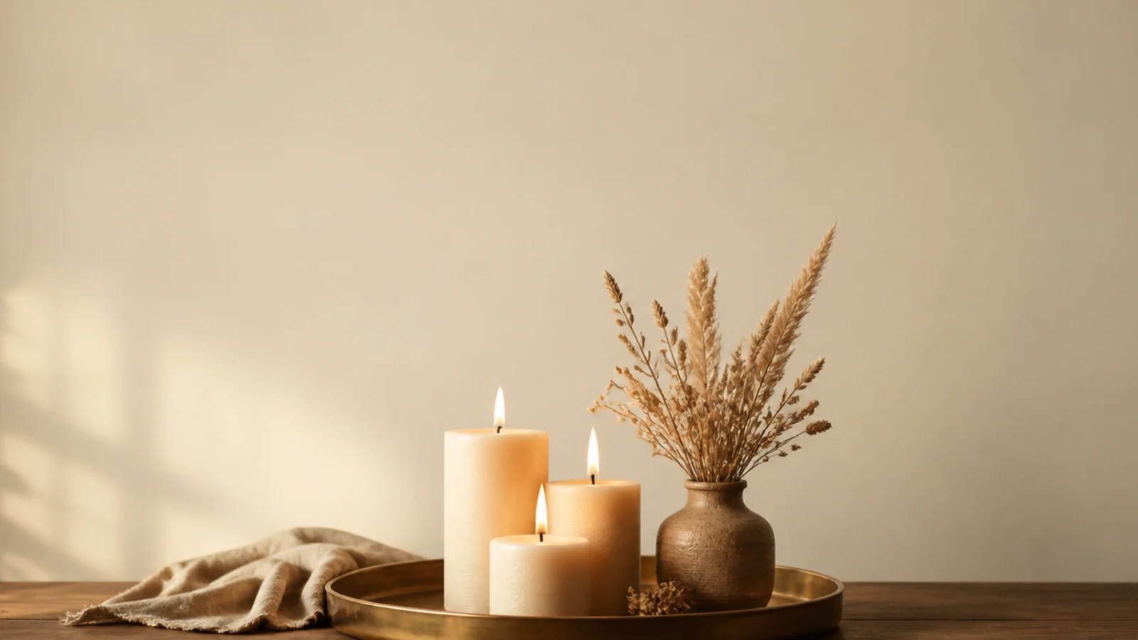 vertical candle tray styling scene with pillars and brass on a walnut table
