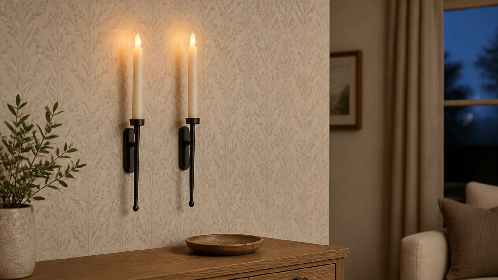 flameless taper candles in wall holders against patterned neutral wallpaper