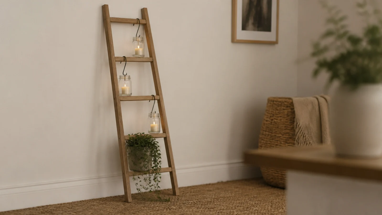 leaning wooden ladder against a wall holding flameless candles in jars