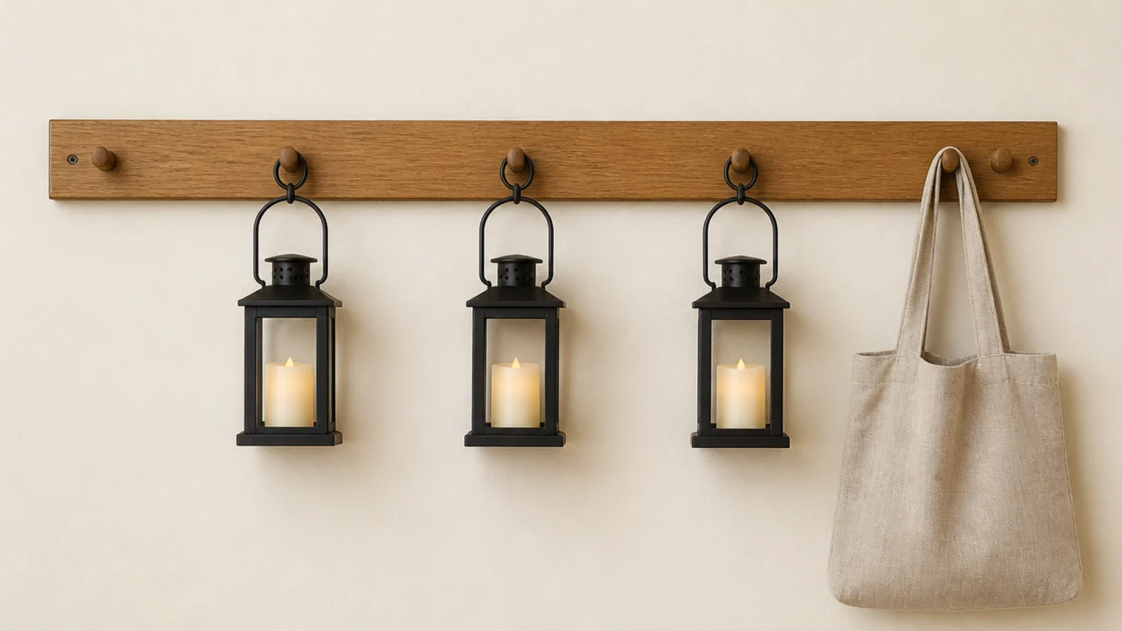 row of small lanterns hanging from a simple oak peg rail on a wall