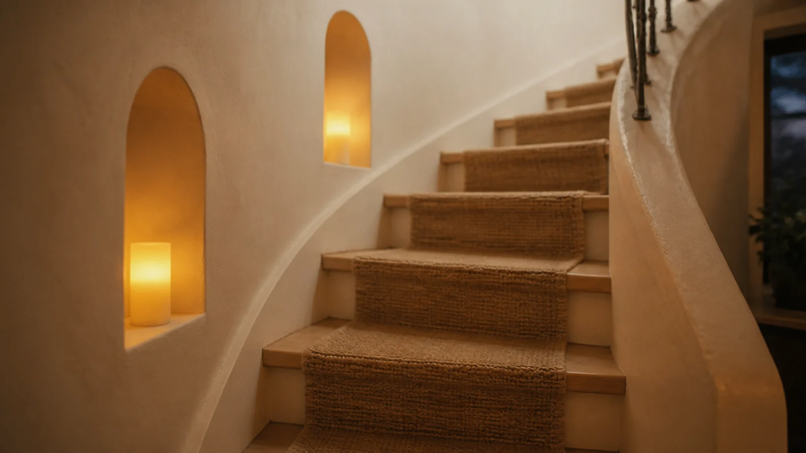 flameless candles glowing in wall niches along a plastered staircase