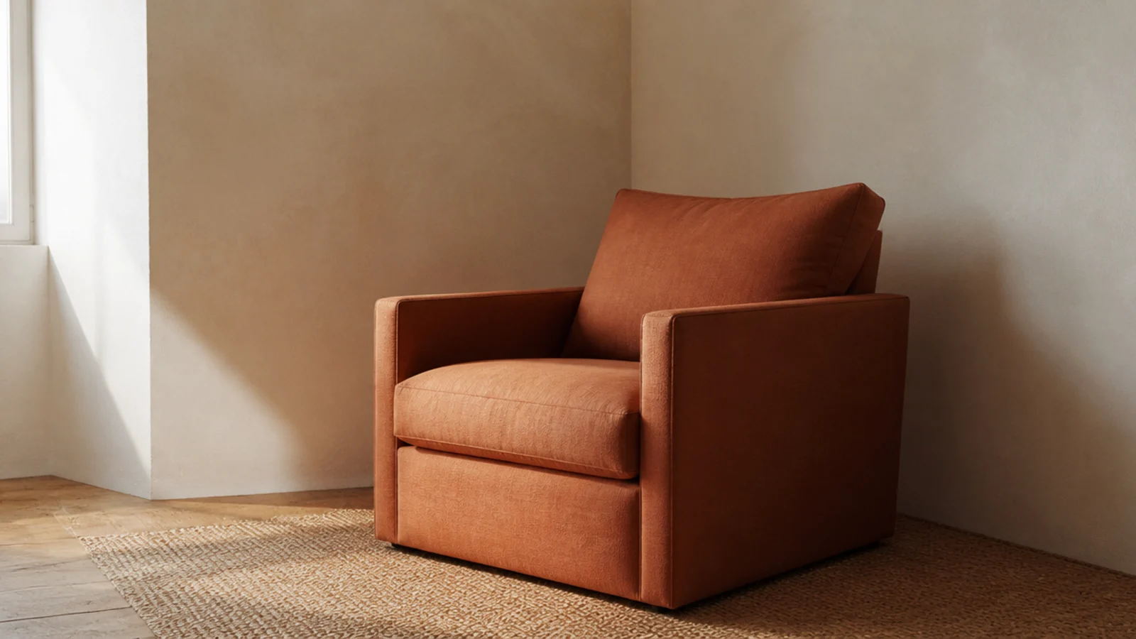 linen armchair angled into a room corner before any styling is added