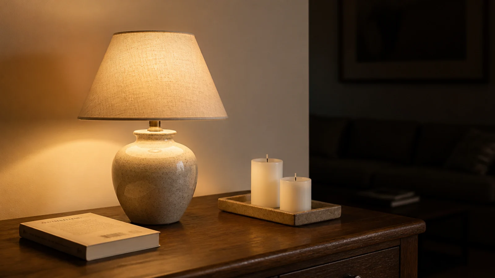 small ceramic lamp with warm bulb glowing beside candles on a table
