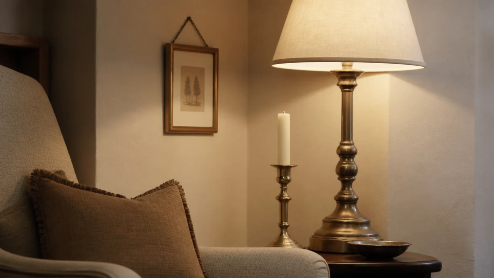 brass lamp base candlestick and picture frame repeated across a corner