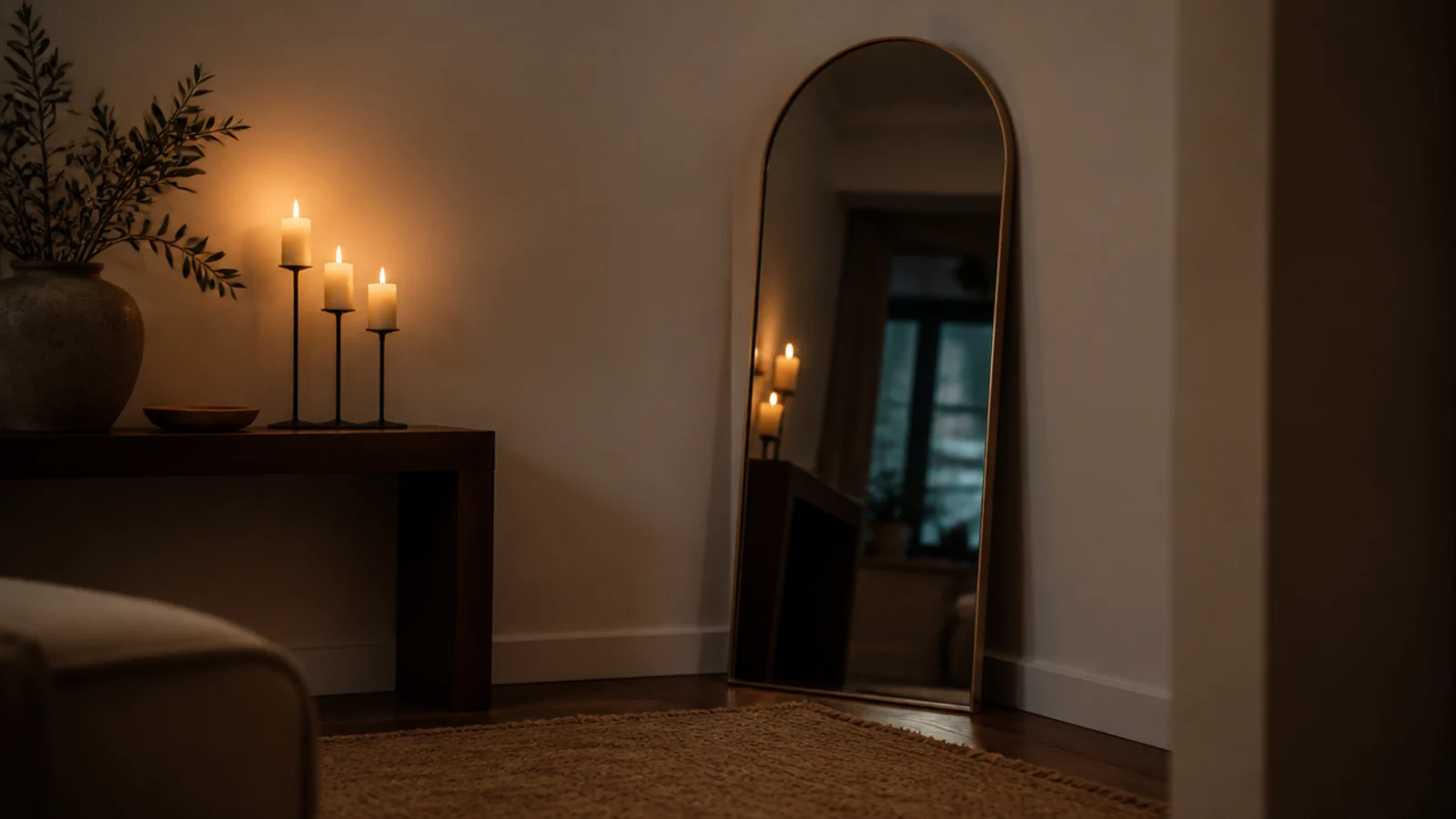 leaning arched mirror reflecting candlelight in a small dim corner