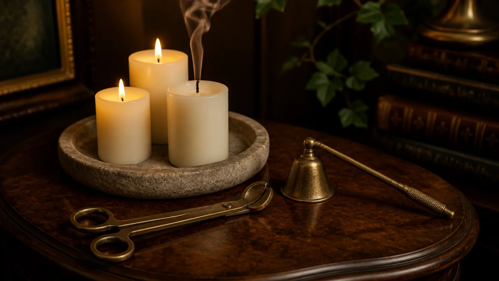 brass snuffer and trimmer resting beside a candle tray in a corner