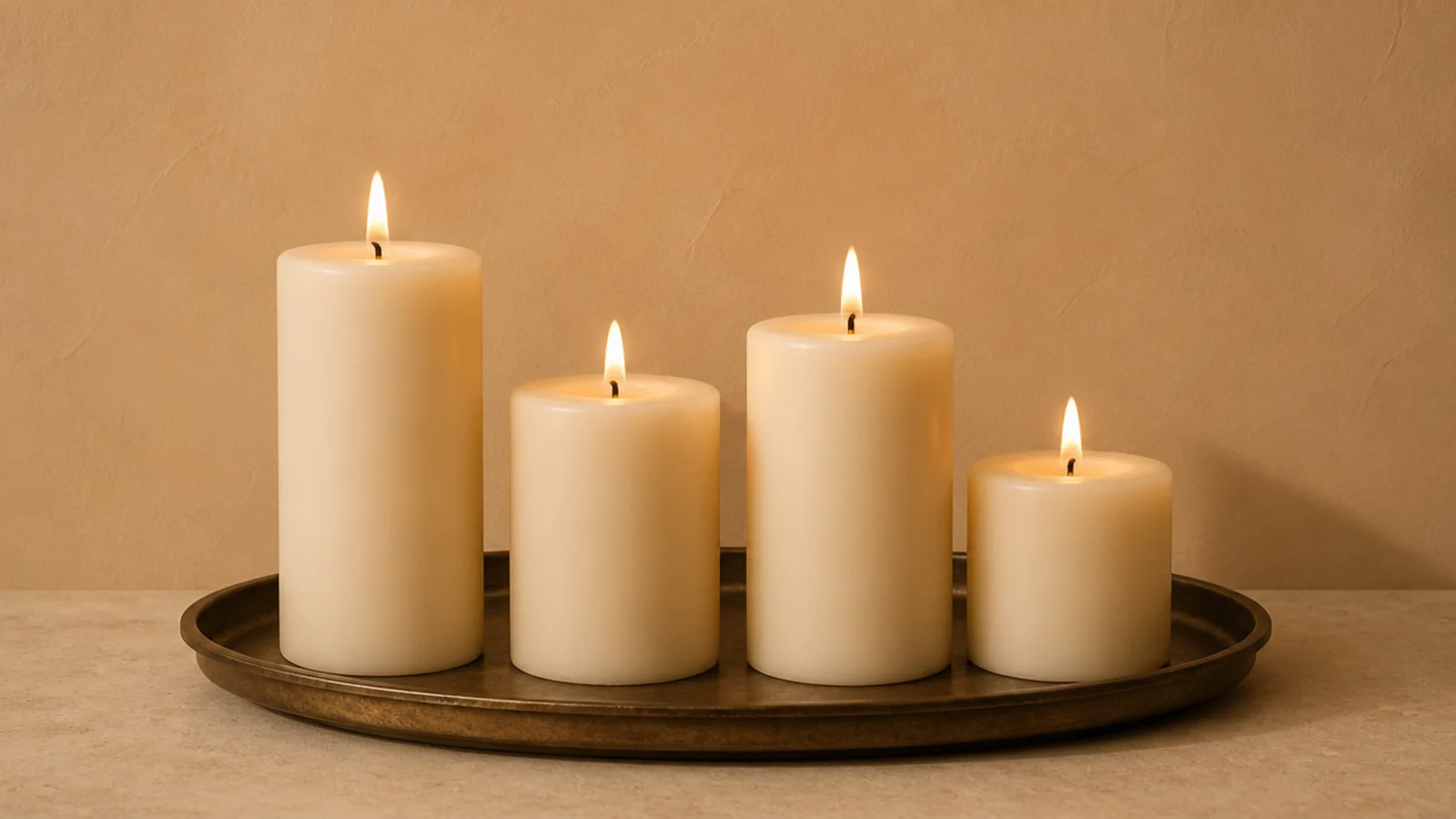 cluster of same width cream pillar candles at different burned heights