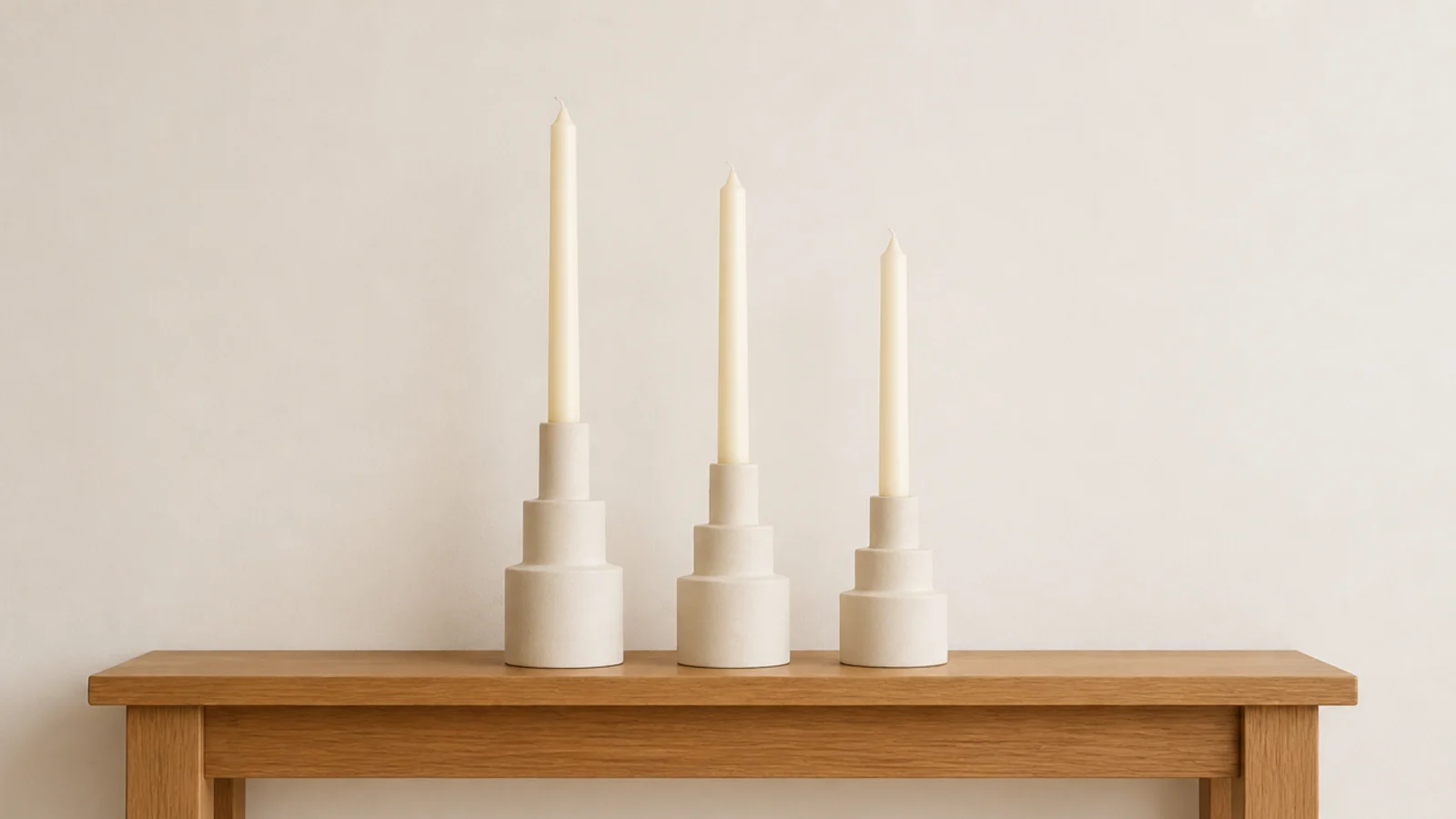 three matte ceramic holders with slim ivory tapers on an entry console