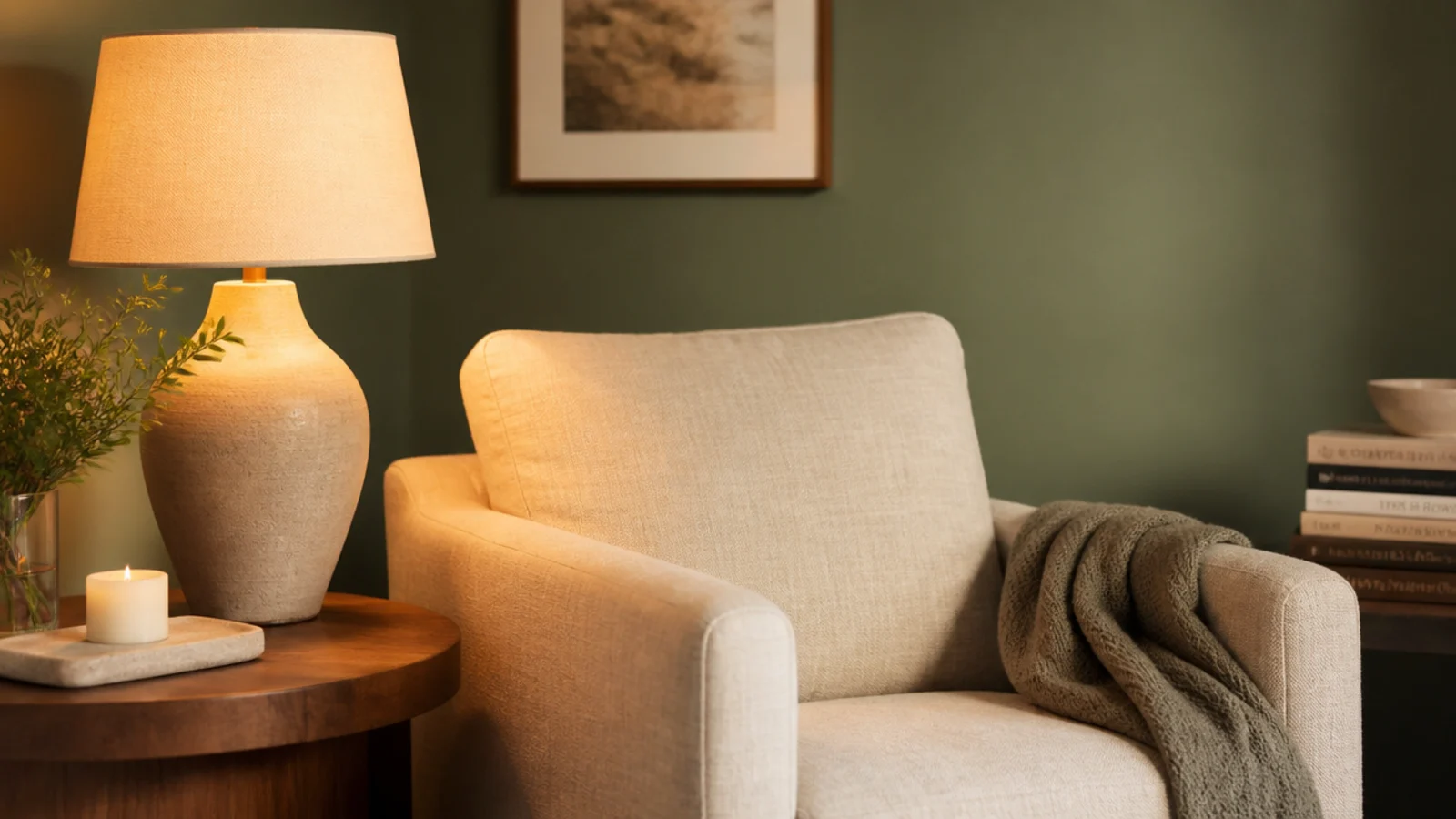 cozy candle corner beside a linen reading chair with a warm lamp
