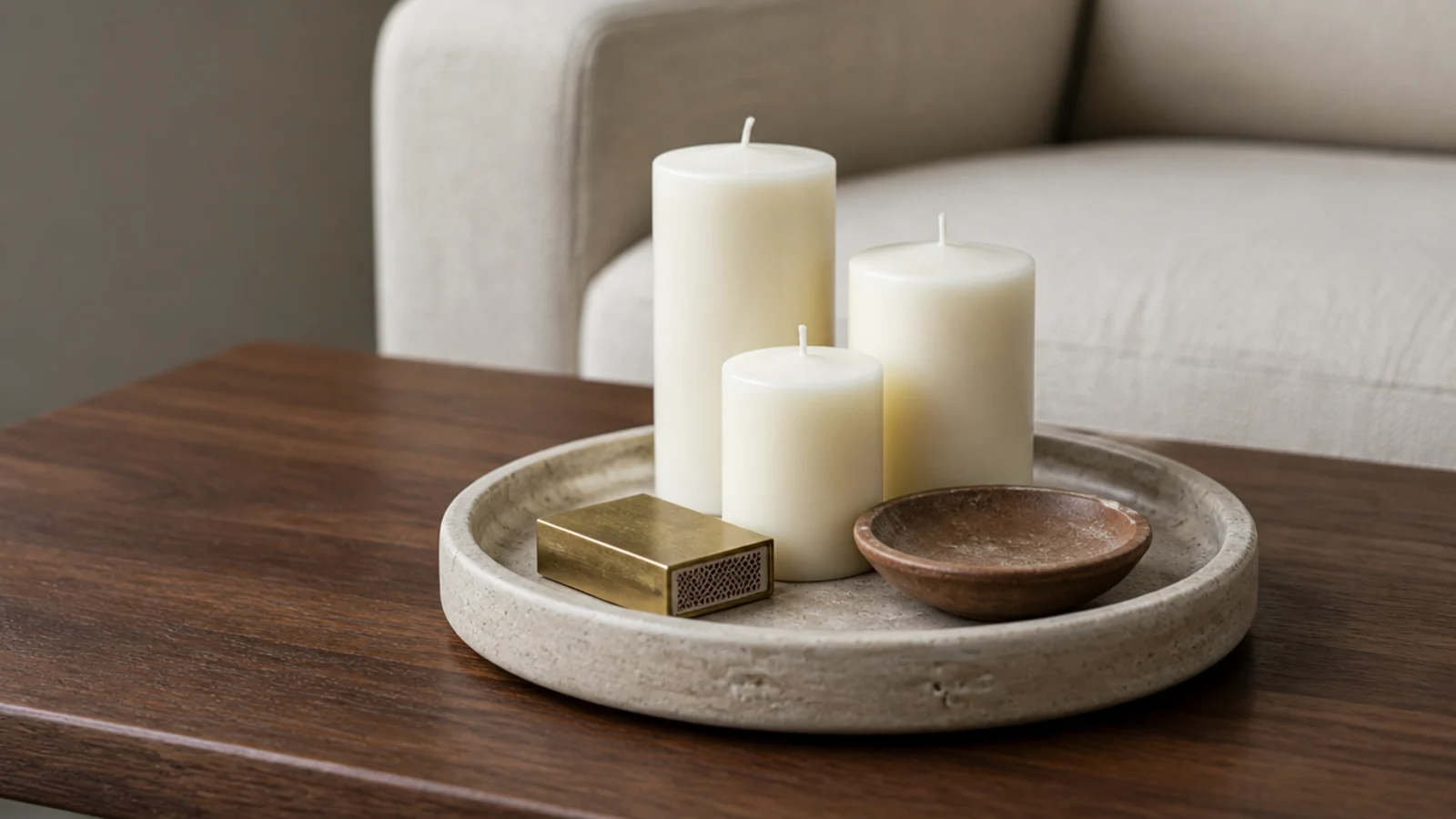 lipped stone tray gathering pillar candles into a single arrangement