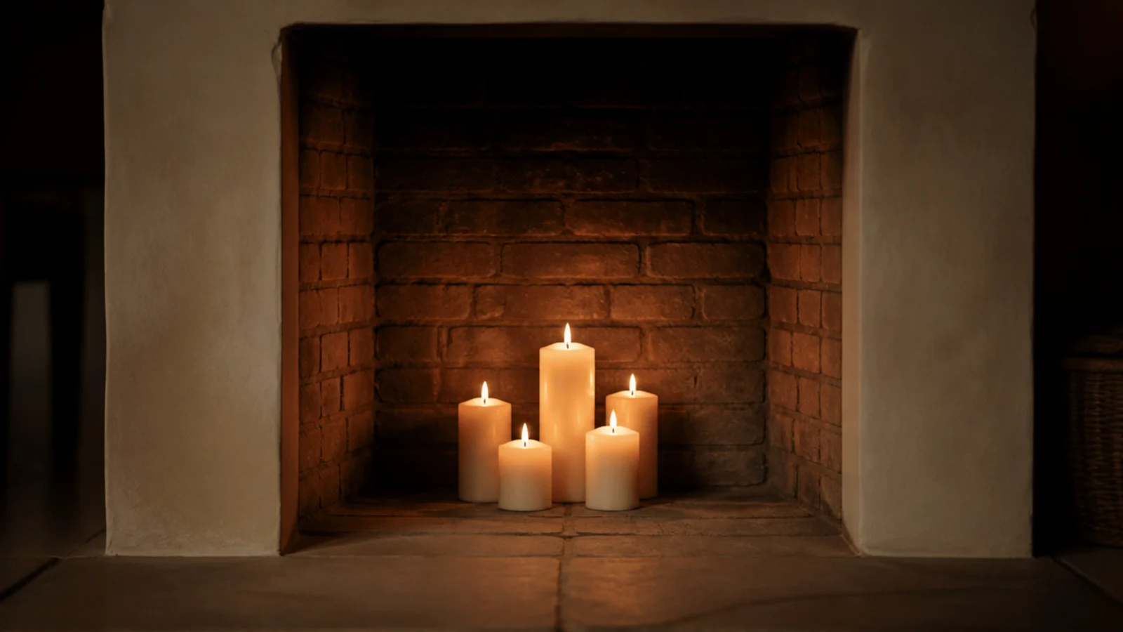five graduated pillar candles standing on an empty stone hearth