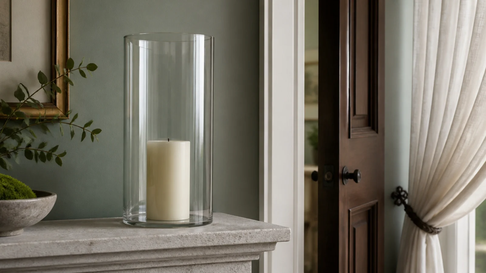 glass hurricane cylinder covering a wide pillar candle near a doorway