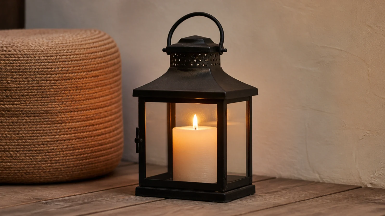 wide pillar candle glowing inside a heavy black metal open lantern