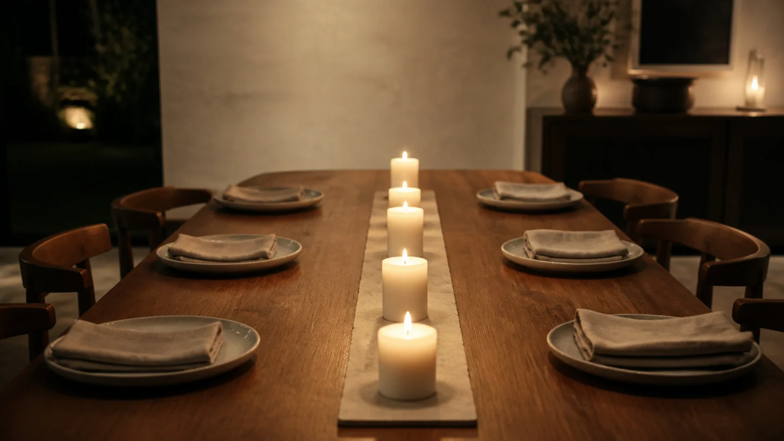 five short pillar candles running down the center of a dining table