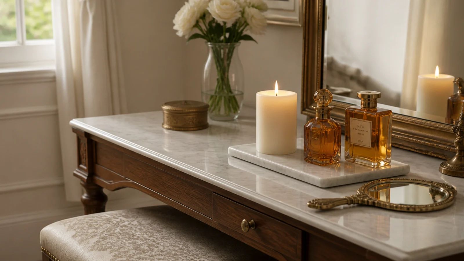 single pillar candle on a marble tray beside perfume on a vanity