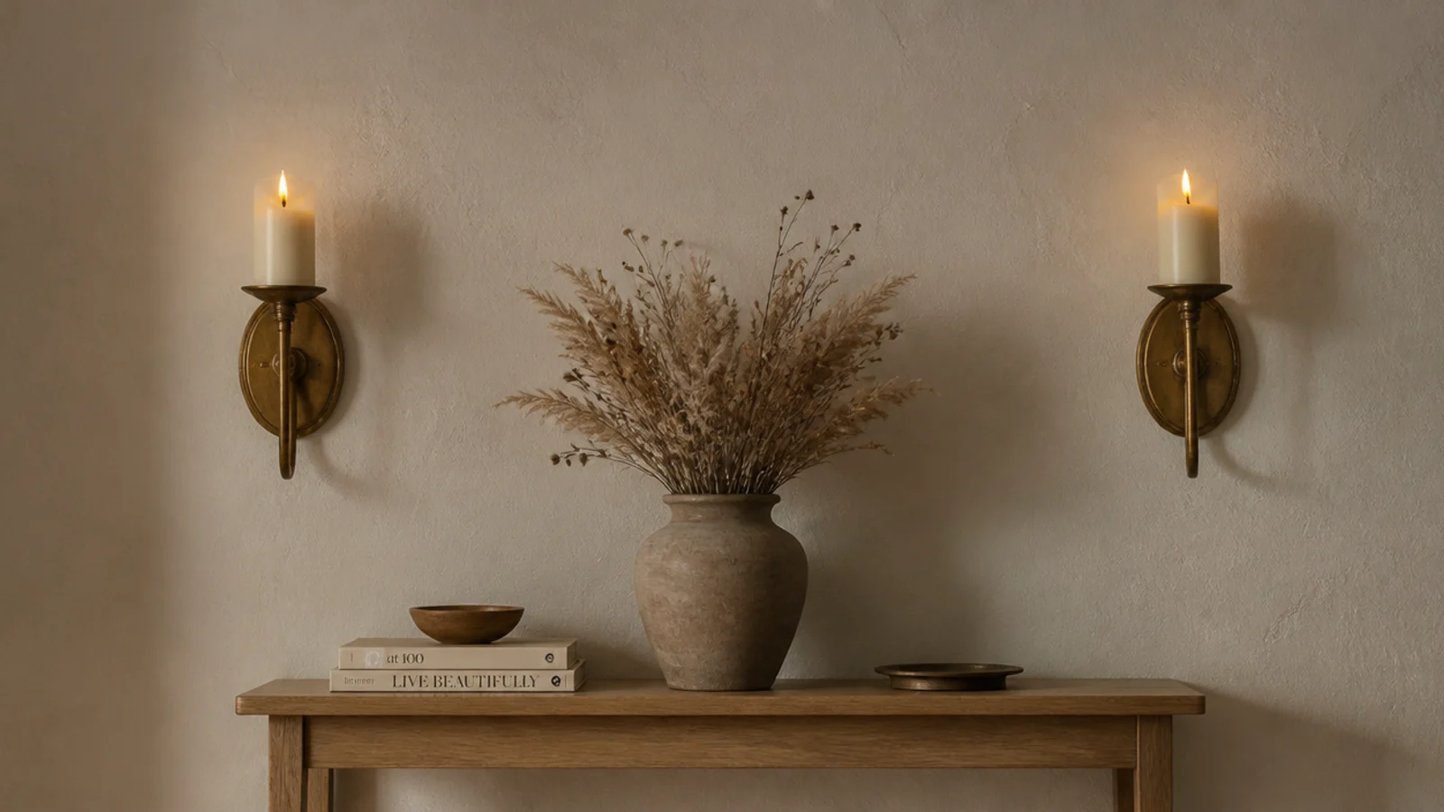 brass wall sconces holding flameless pillar candles above a console