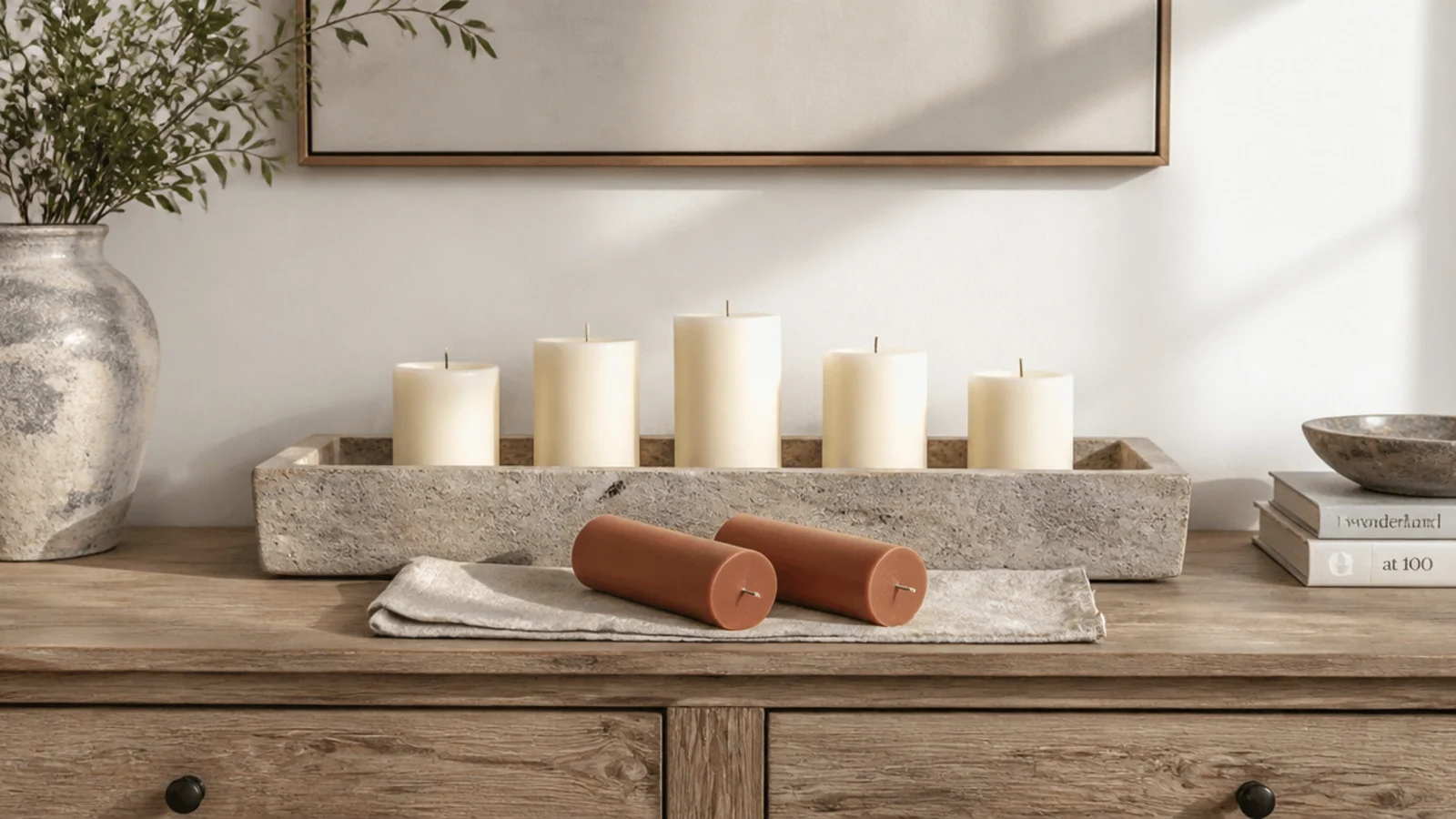 cream pillars laid beside terracotta pillars ready for a seasonal swap