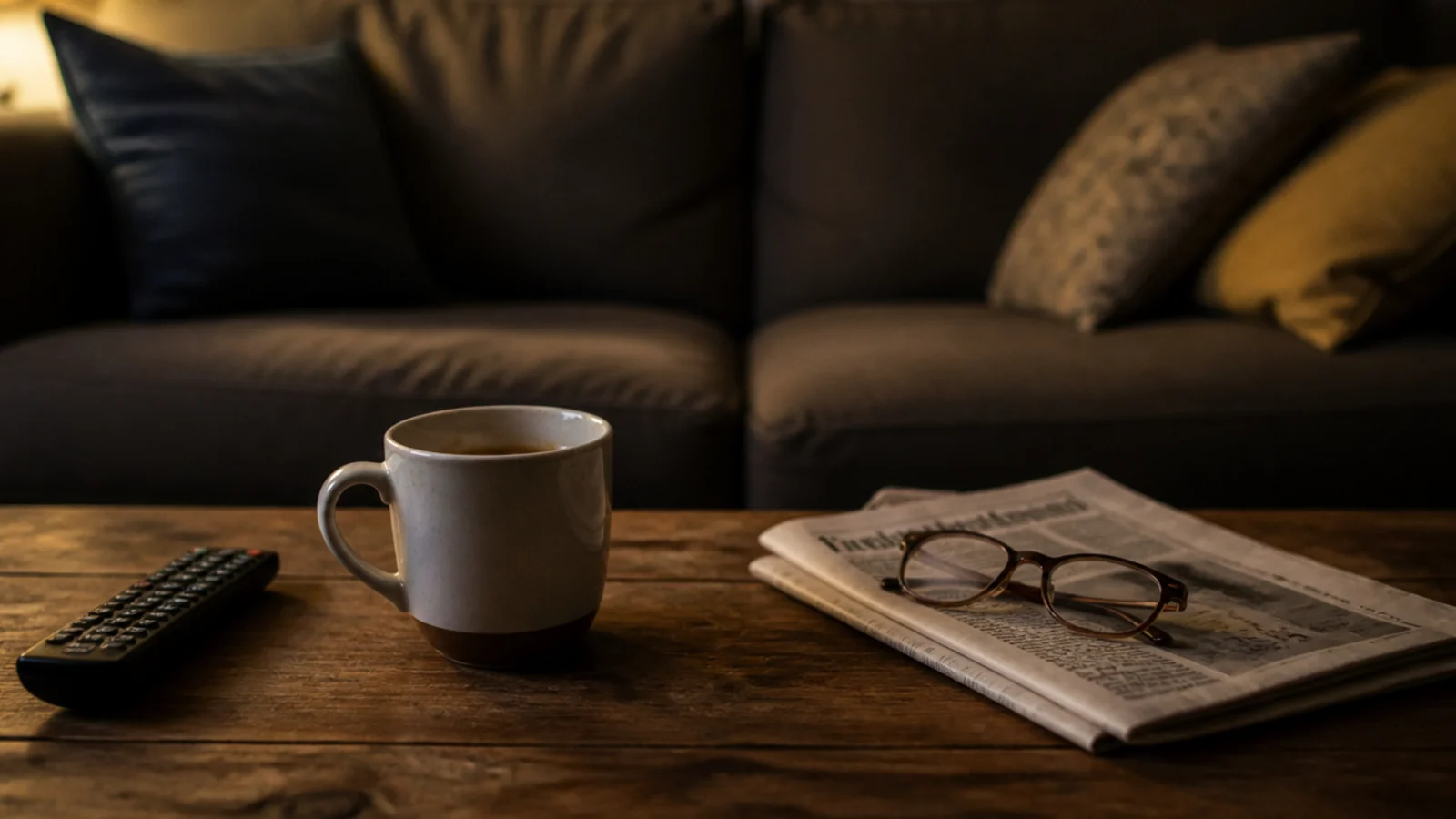 lived in center table holding a mug remote and a half read book