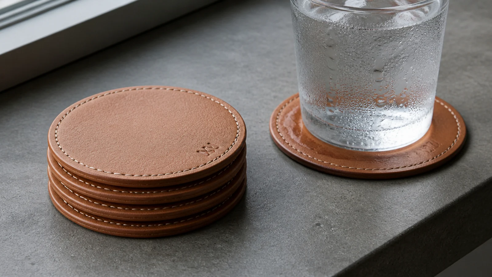 stack of leather coasters sitting openly on a stone table surface