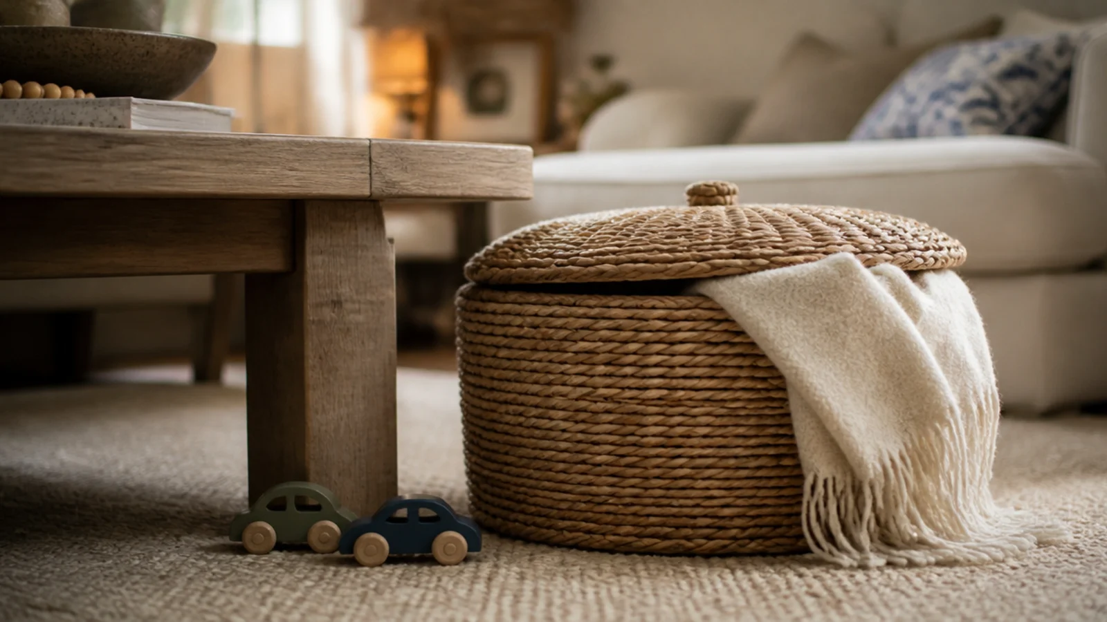lidded seagrass basket tucked beside a low table holding throws