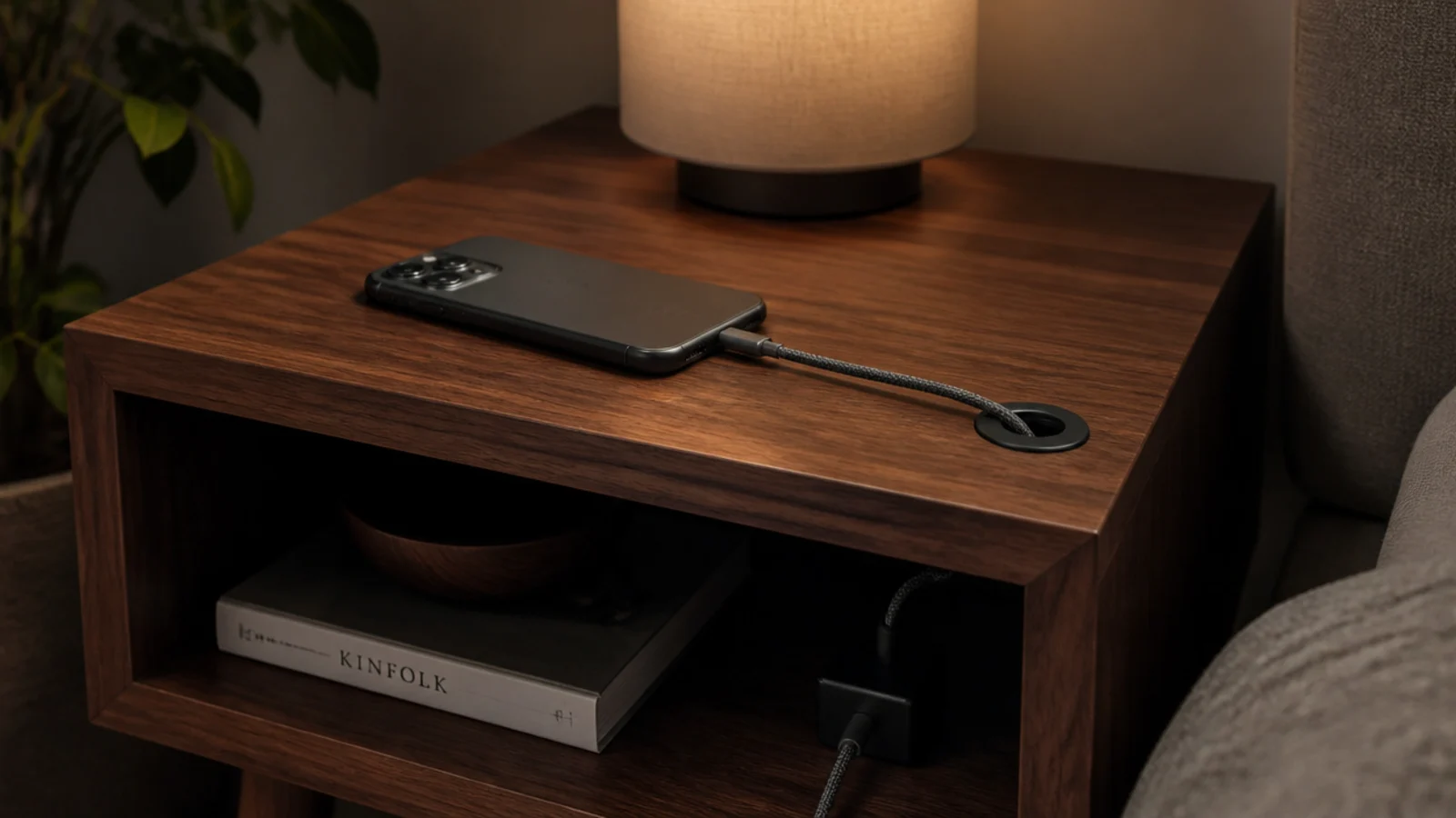 phone charging on a table with the cable disappearing through a grommet