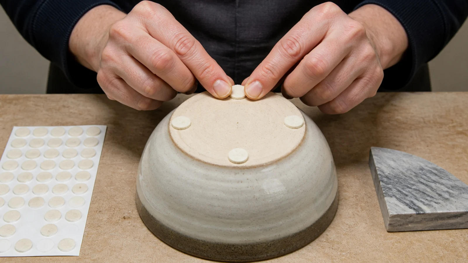 felt dots being pressed onto the base of a ceramic bowl