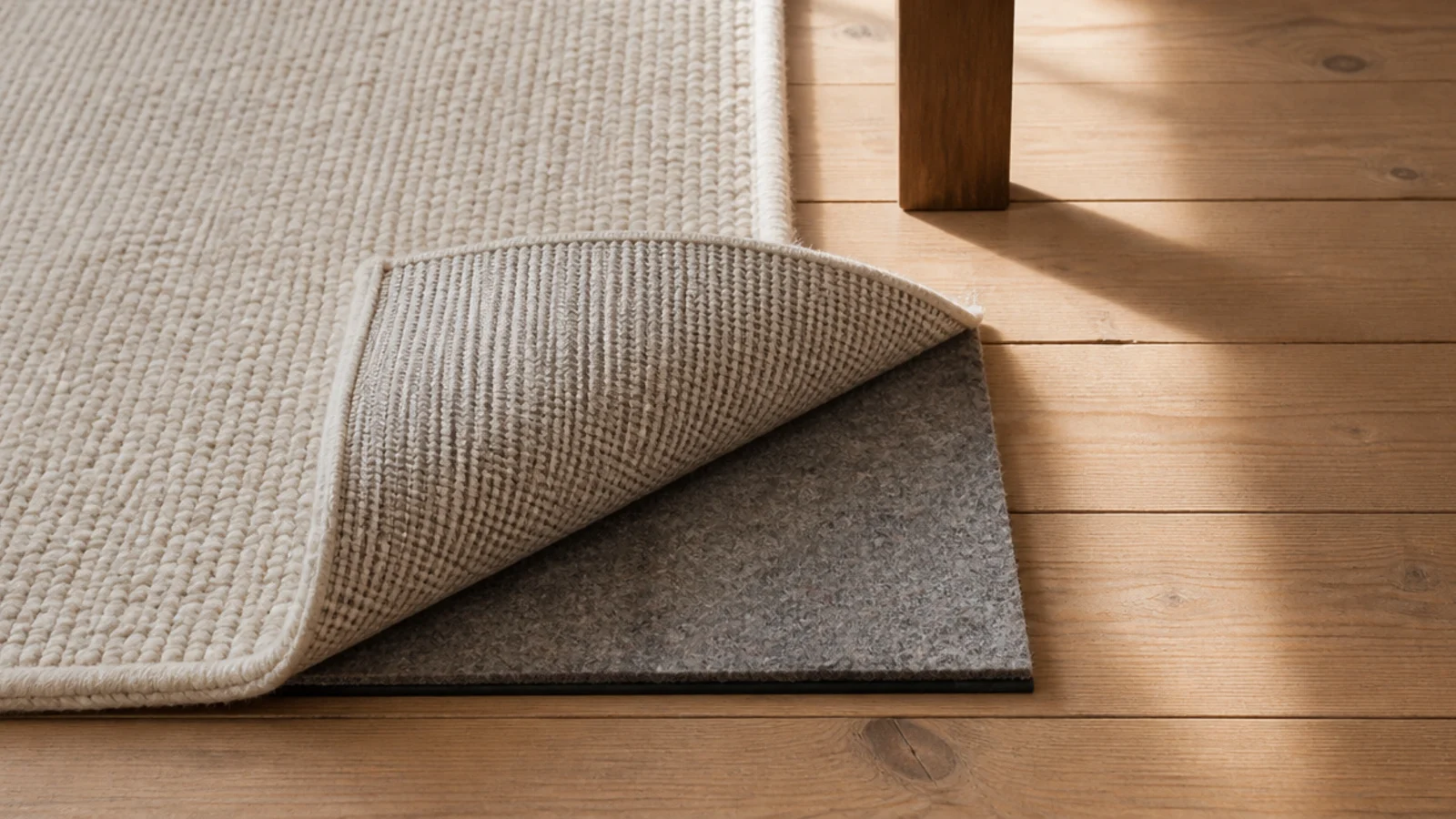 corner of a rug lifted showing the felt and rubber pad underneath