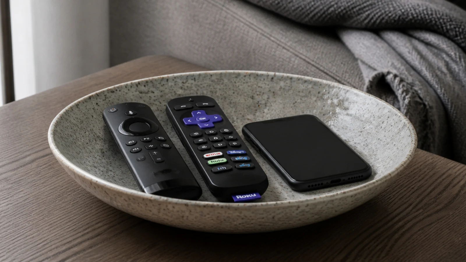 wide shallow ceramic bowl holding two remotes and a phone