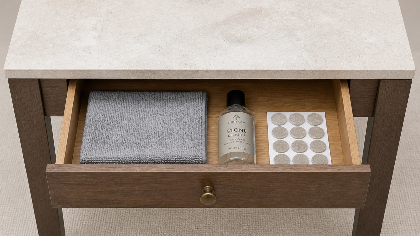 microfibre cloth folded in an open drawer beneath a stone table