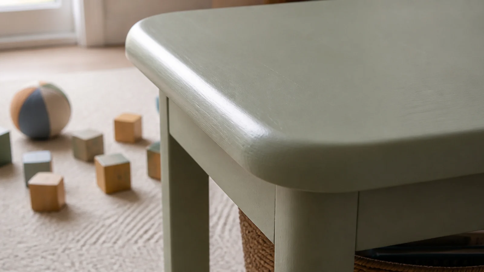 rounded table corner sanded smooth with toys scattered on the rug