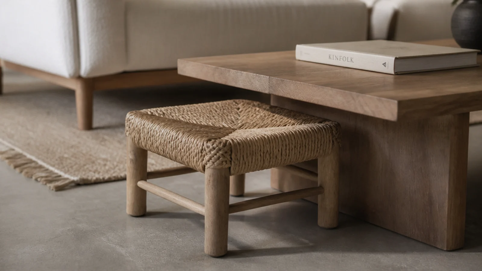 small woven stool pushed under the edge of a low center table