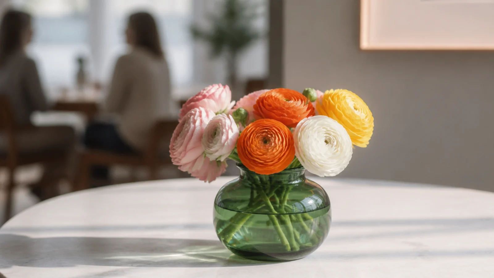 short stems in a squat vase kept low on a center table