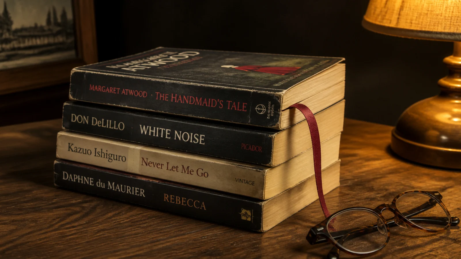 stack of well thumbed paperbacks with a bookmark on a low table
