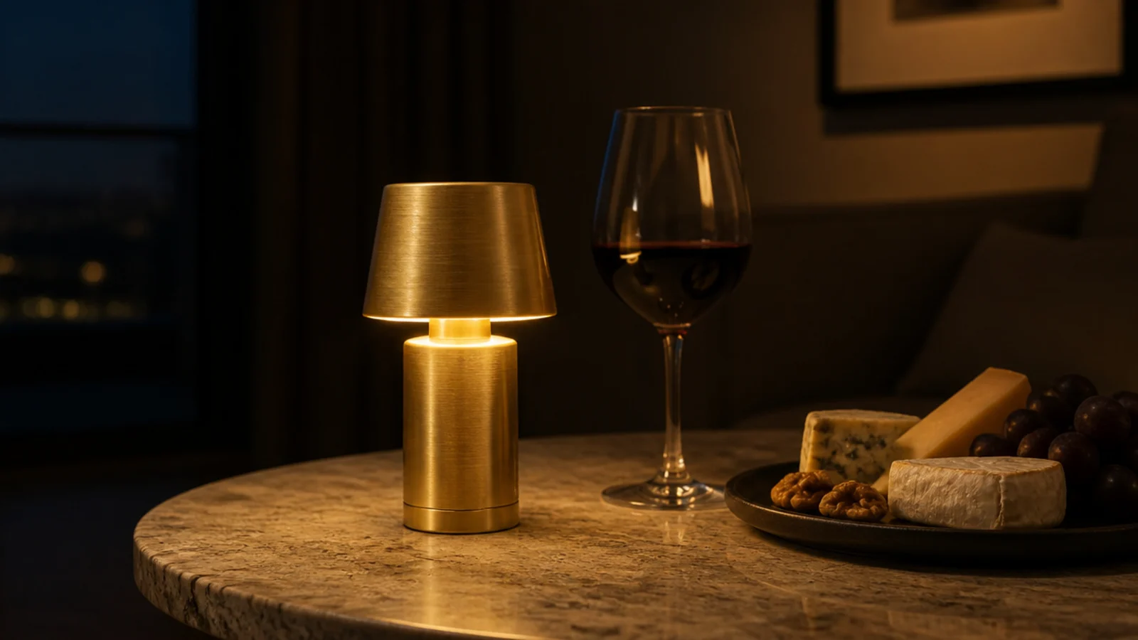small rechargeable cordless lamp glowing on a table with no cable