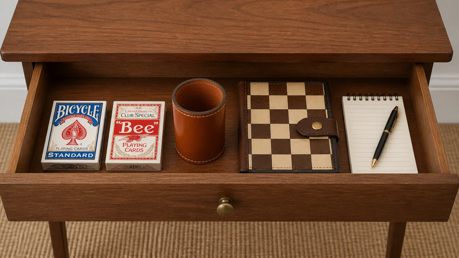 open drawer packed with card decks dice and a folded board game