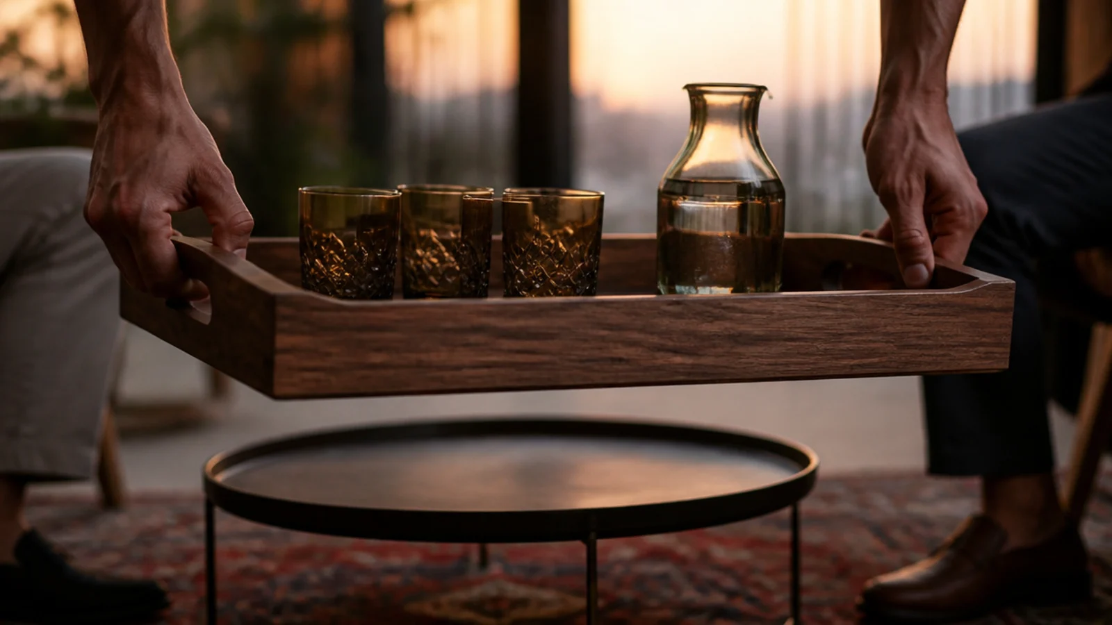 hands lifting a handled wooden tray of glasses from a low table