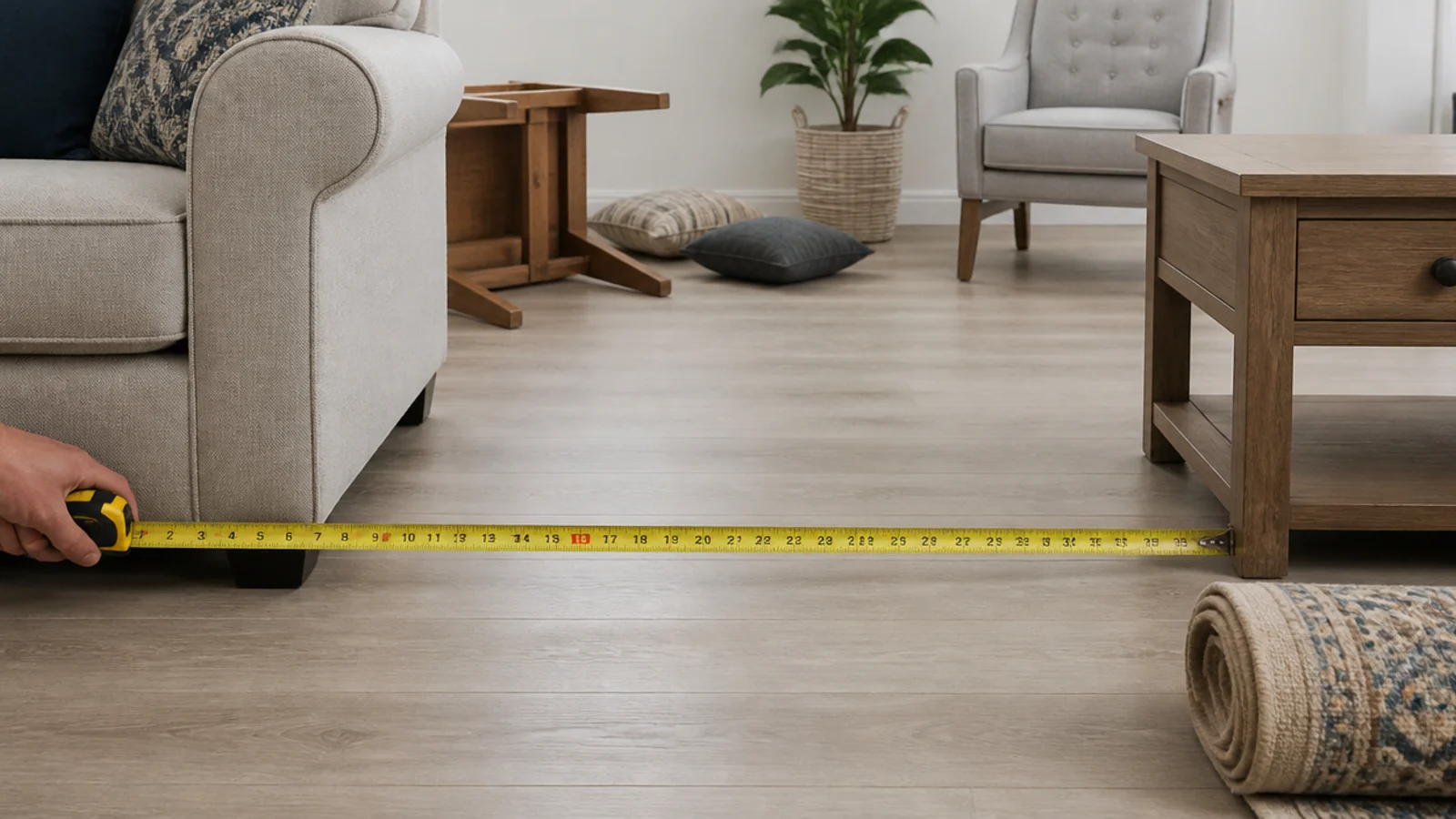 tape measure checking the gap between a sofa and a moved table