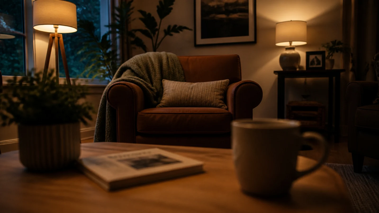 seated view across a low table with a clear line of sight beyond