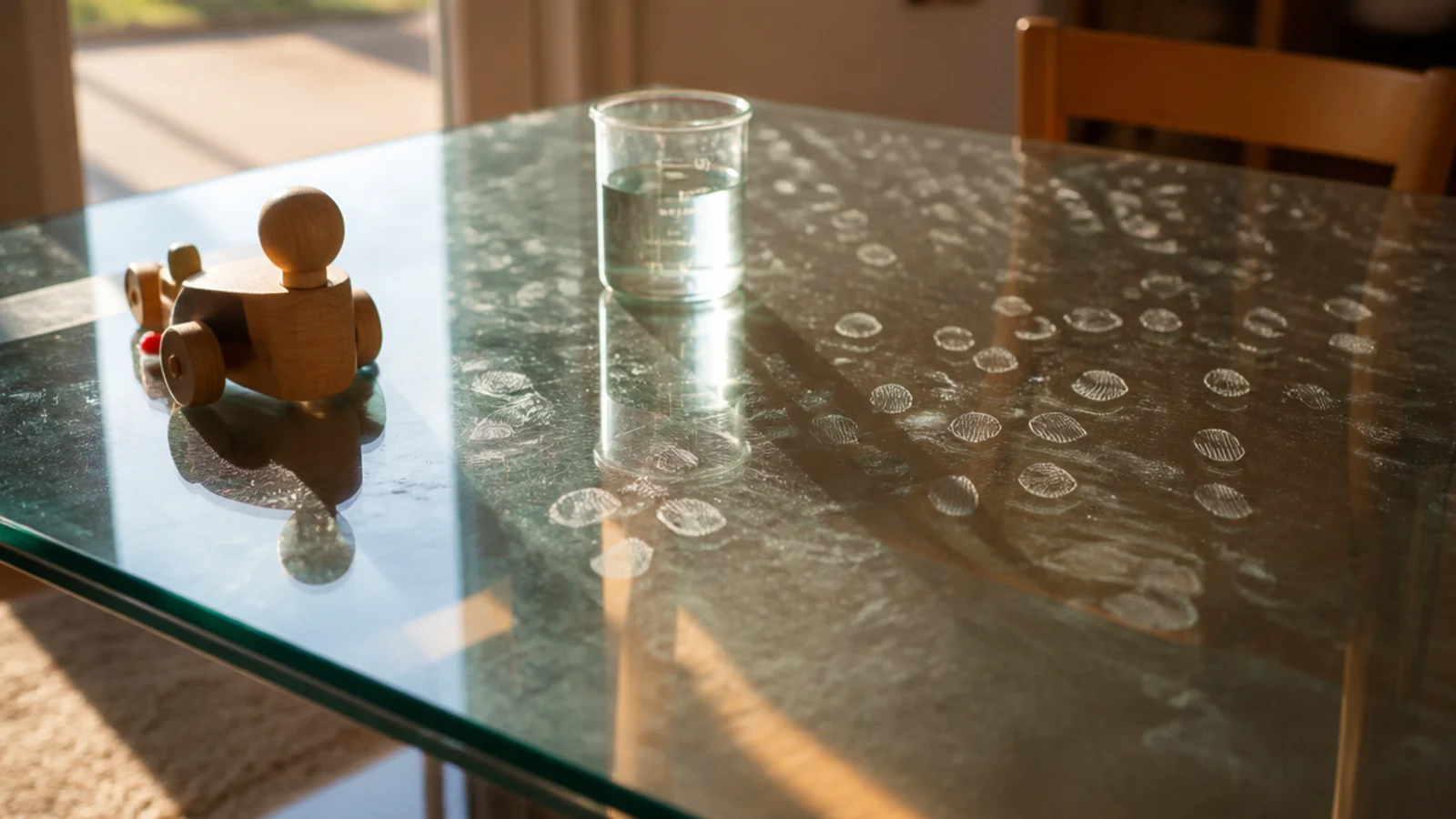glass table top covered in small handprints and smears in daylight