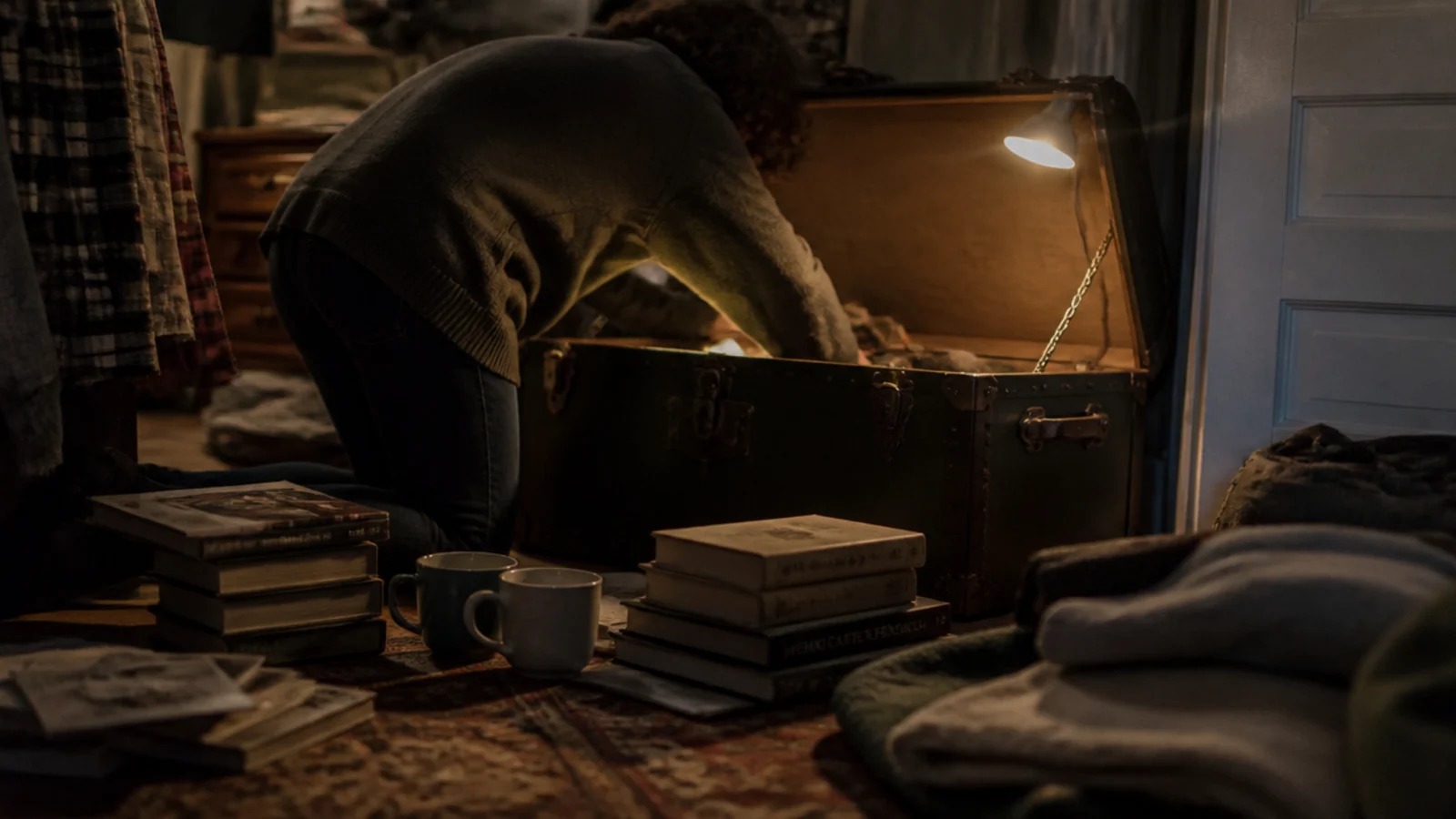 objects stacked on the floor beside an open trunk lid mid search