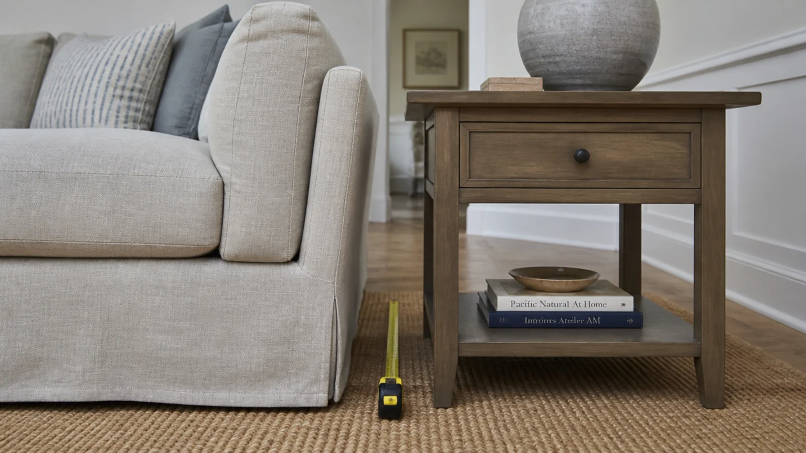 table top sitting noticeably higher than the sofa seat cushion beside it