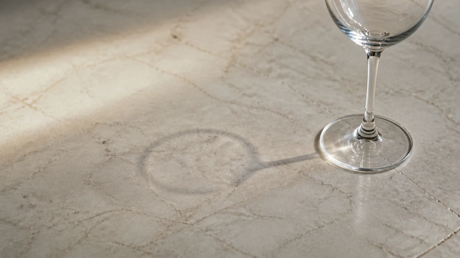 faint dark stain shadow left in honed marble beside a wine glass
