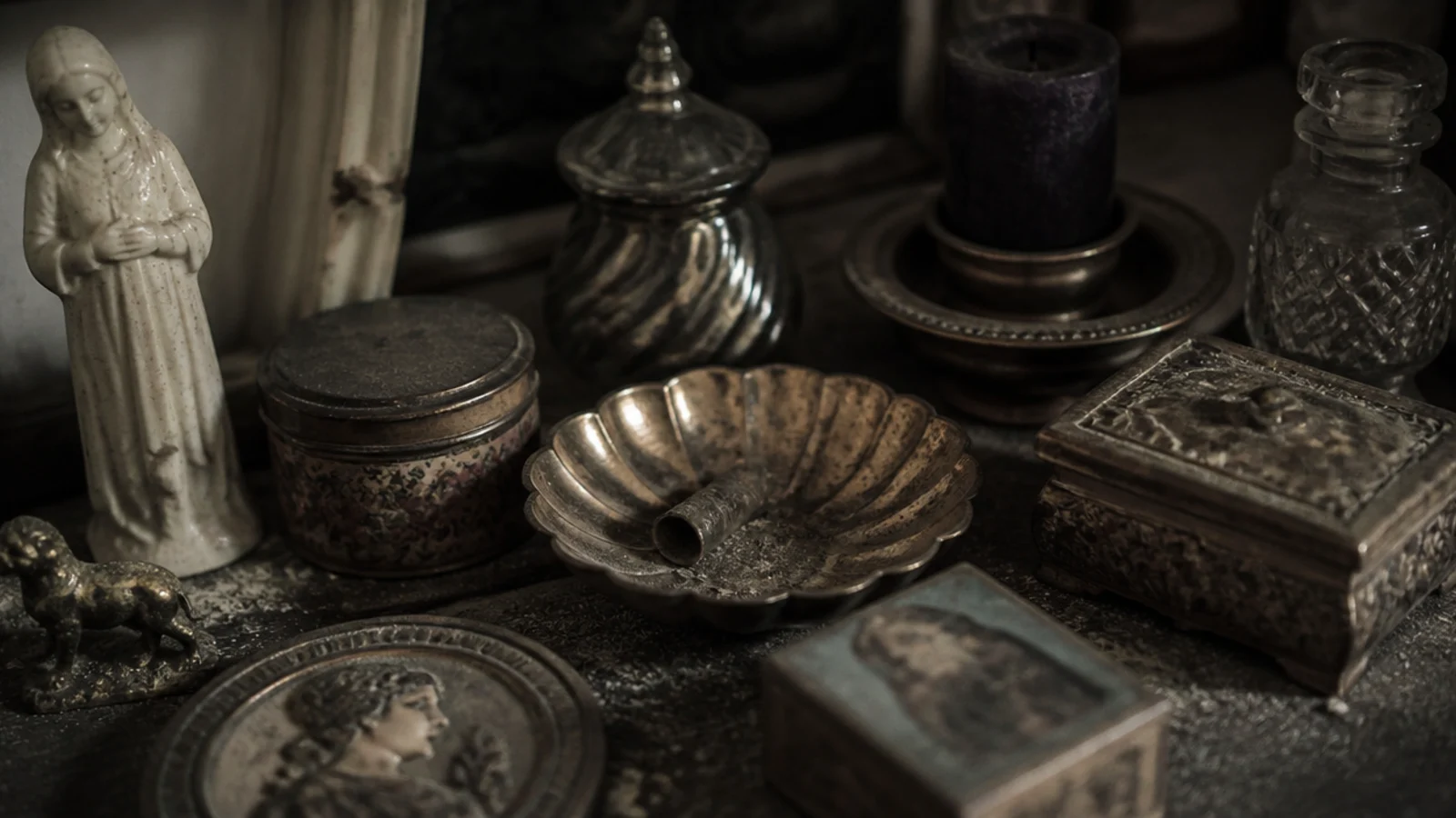 cluttered table covered with many small decorative ornaments and dust
