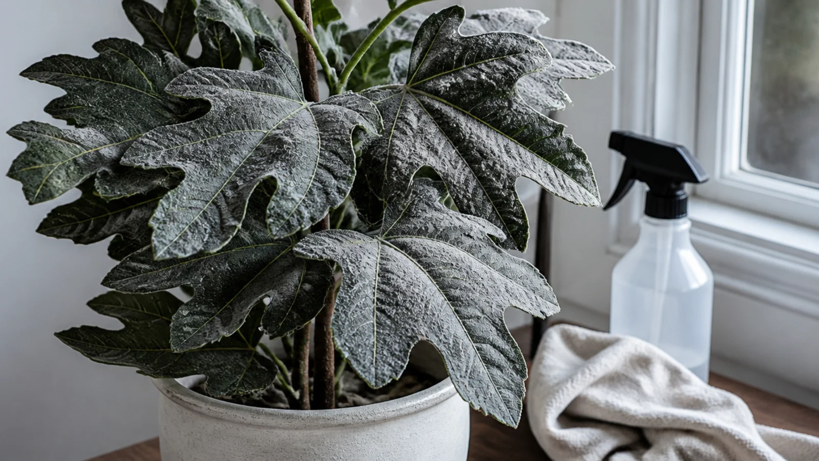 artificial plant leaves grey with dust on a low table surface