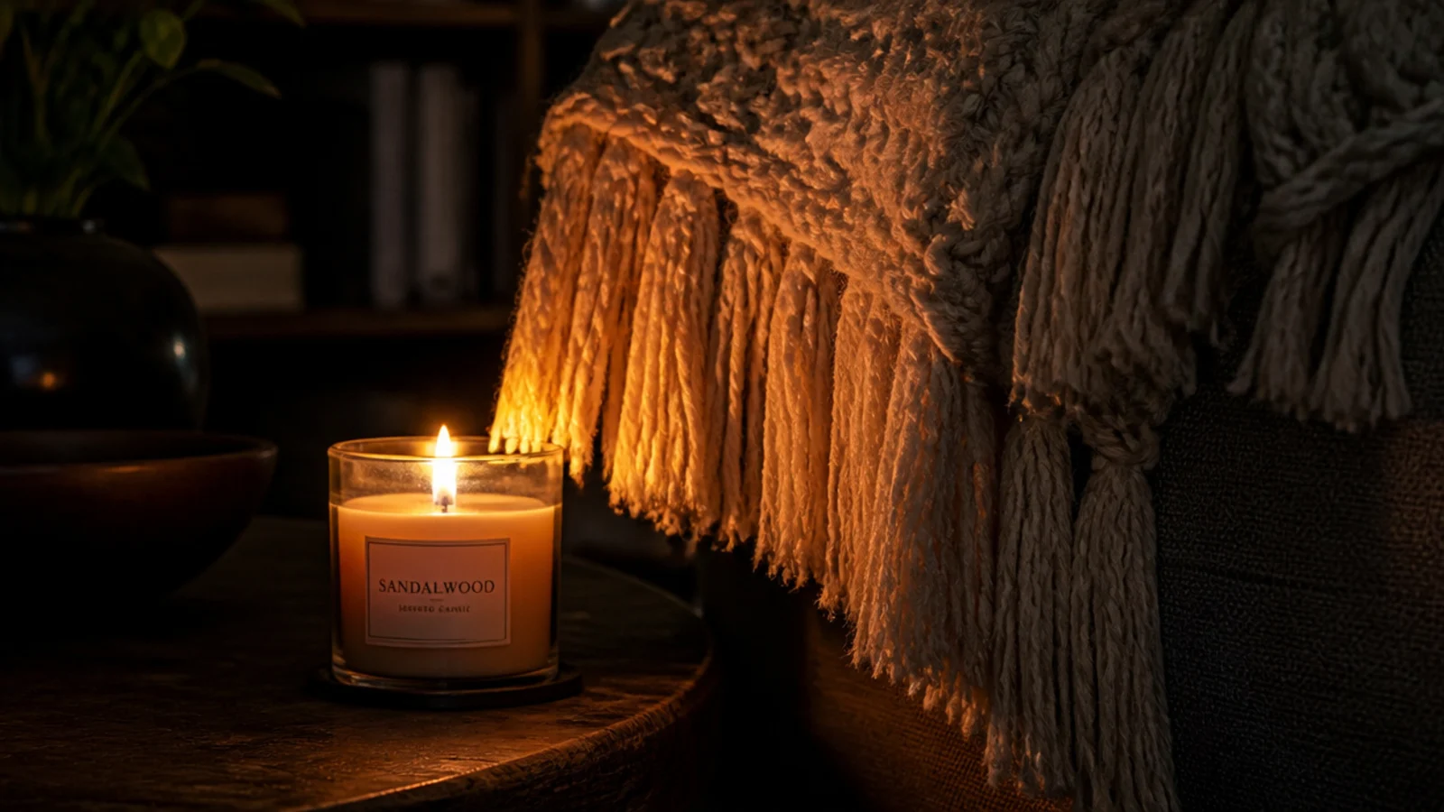 candle burning close to a knitted throw hanging over a table edge