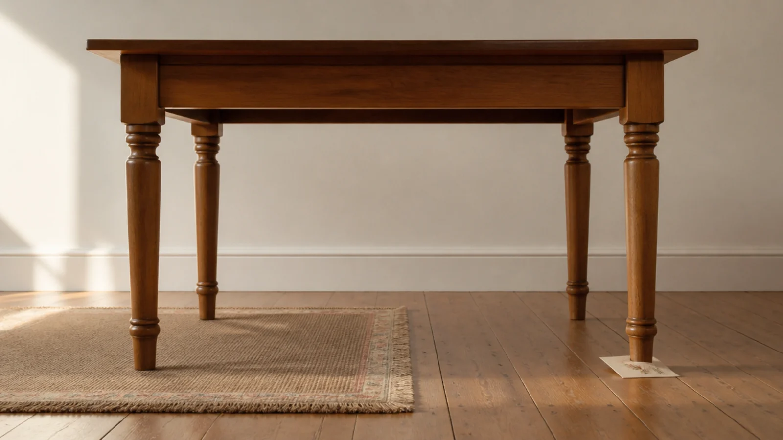 table with two legs on a rug and two legs on bare floorboards
