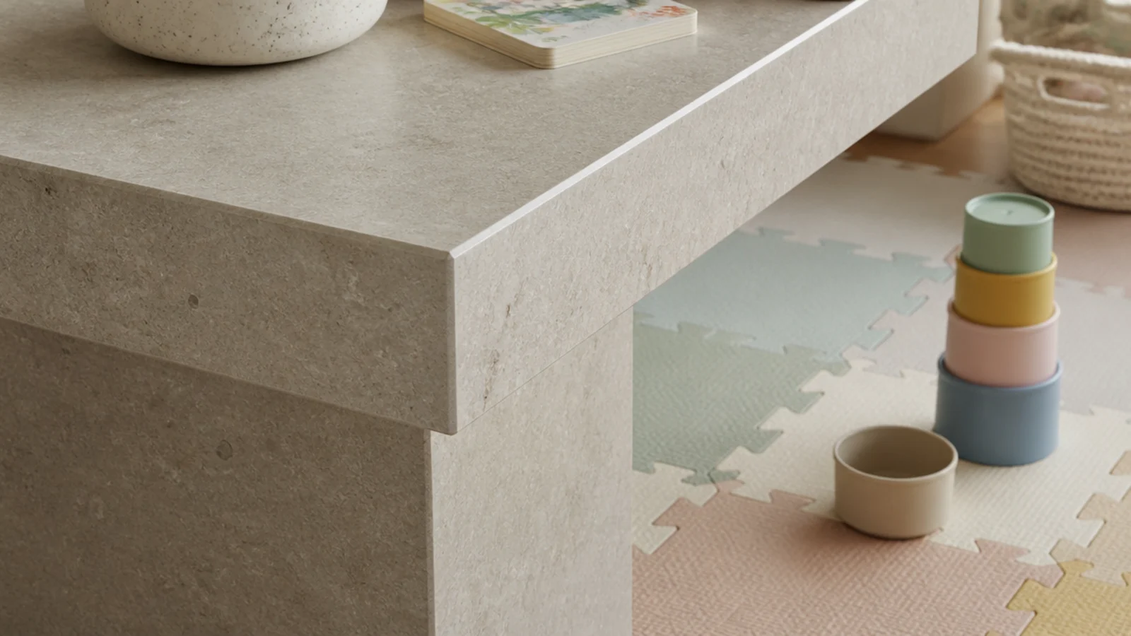 hard square stone table corner at exactly toddler head height
